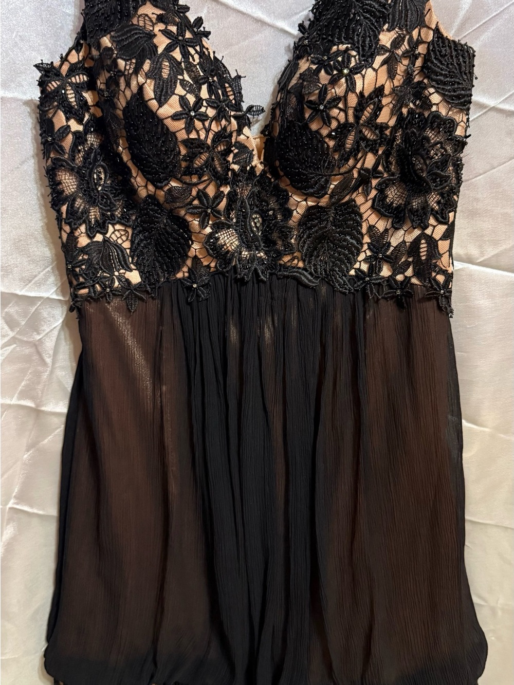 Jovani Black Lace Chiffon Mini Dress. Size S